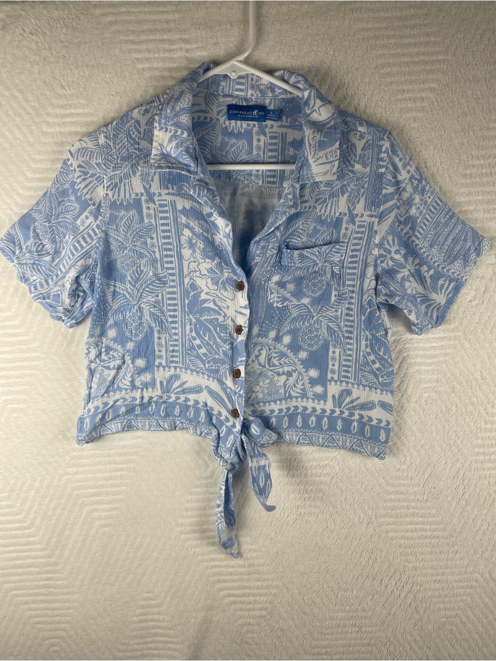 Caribbean Joe Light Blue & White Tie-Front Camp Shirt